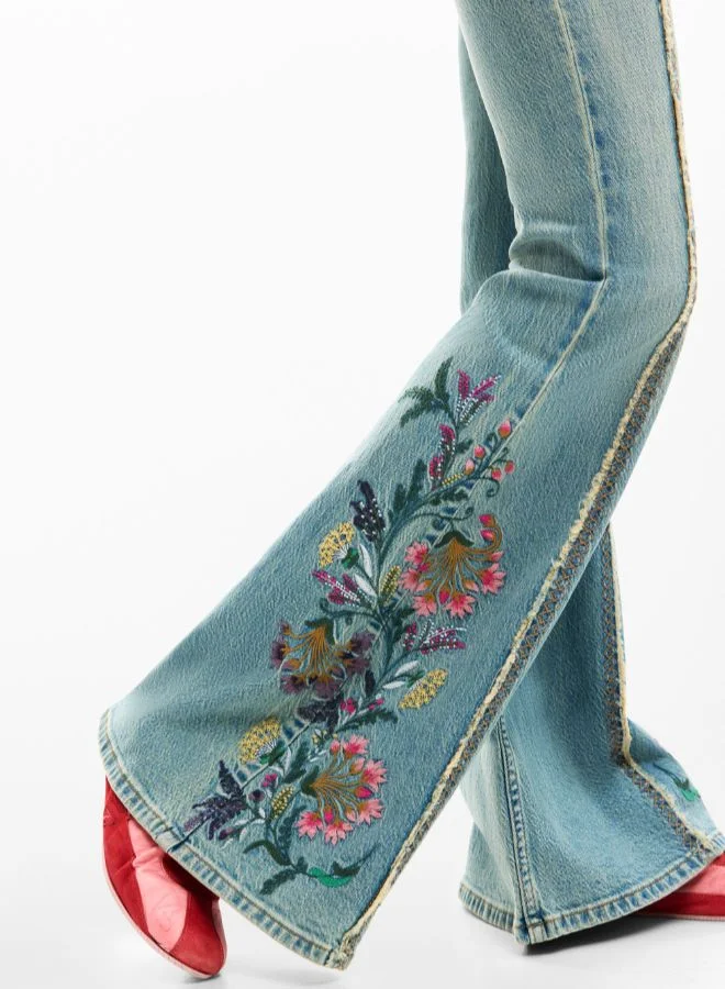 DESIGUAL Blue Jeans Trousers With Flower Topstitching for Women | Best Price UAE